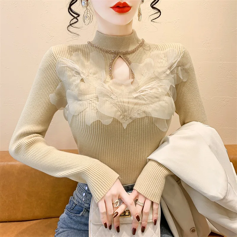 

Женский вязаный свитер с кружевными вставками и ажурными бусинами, длинный рукав, осенне-зимняя новинка, элегантный, с полувысоким воротником, для ношения под одеждой.