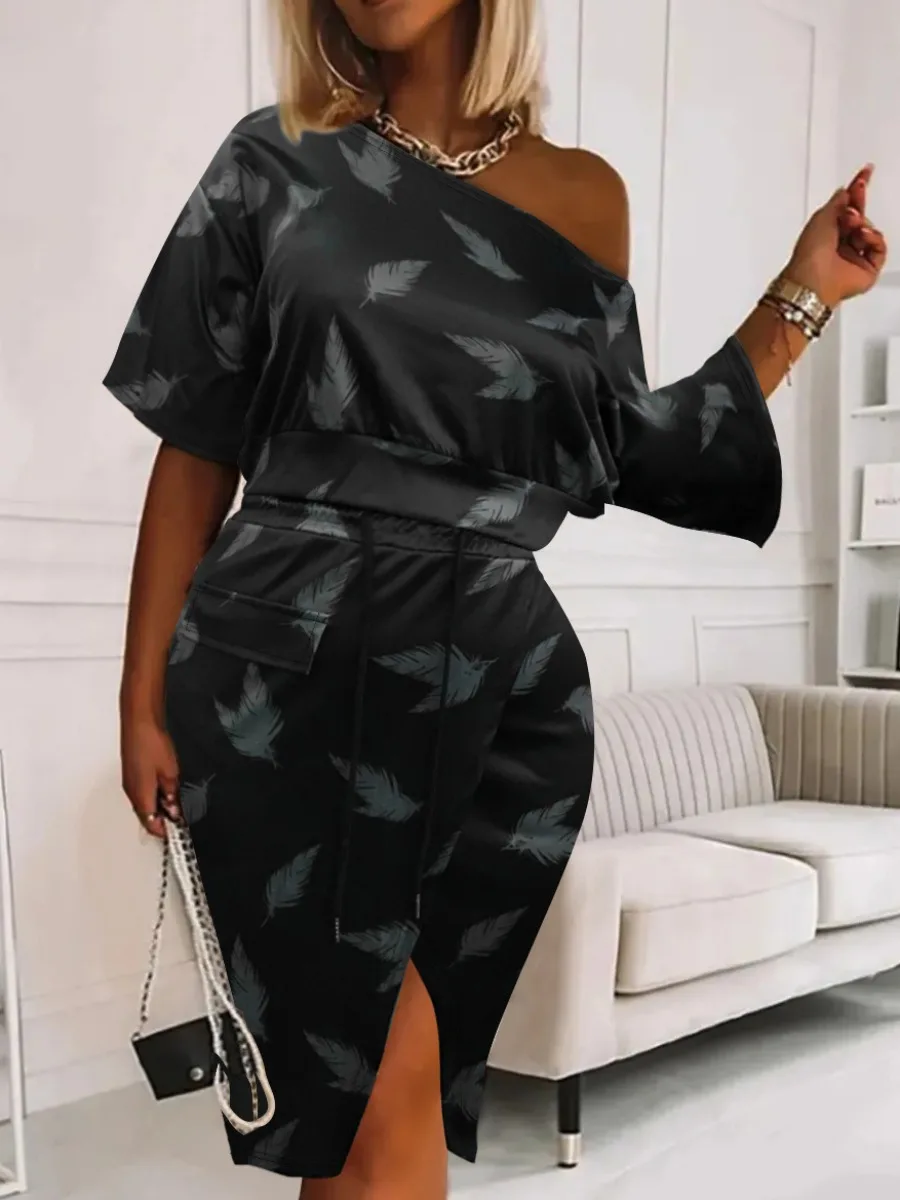 LW Multicolor Two Pieces Dresses Suits BASICS Mixed Print Elegant 2pcs Matching Outfits One Shoulder Top&Drawstring Slit Skirt