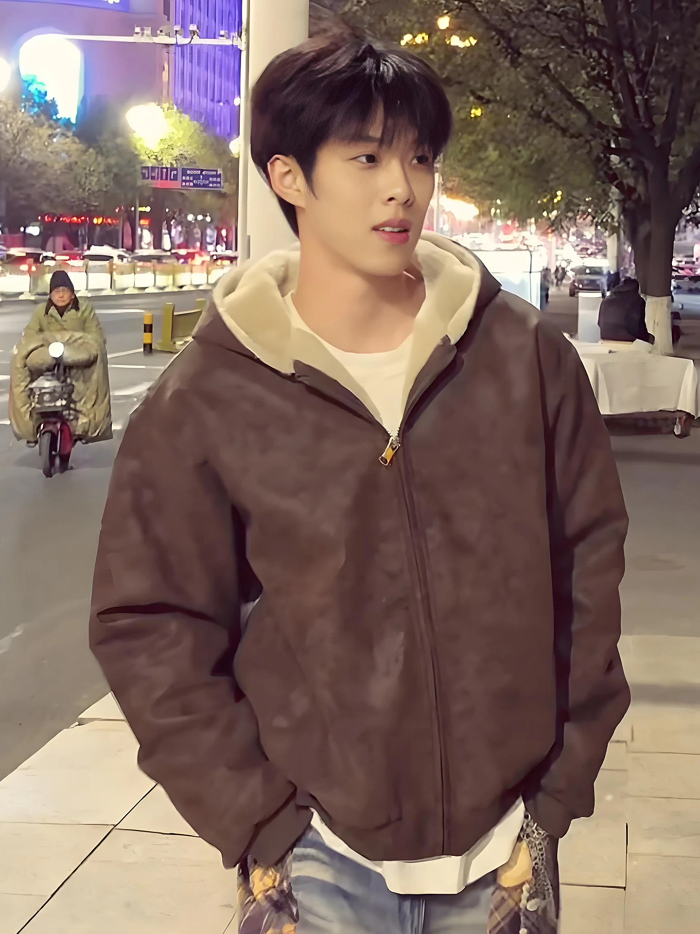 

American Retro ort PU Leather Cotton Jaet Men's Winter Fake Rabbit Fur Collar Hooded Thi Warm Cotton Outerwear