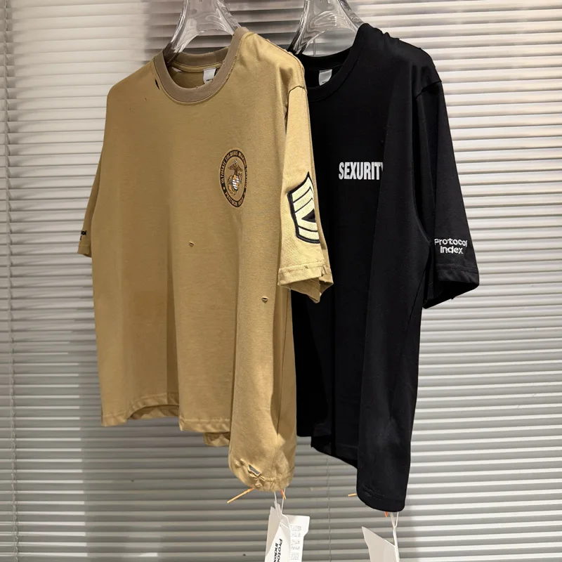 

Letter Print Embroidery Heavy Fabric Protocol T-shirt Men's Women's Trend Distressed Short Sleeved Stock
