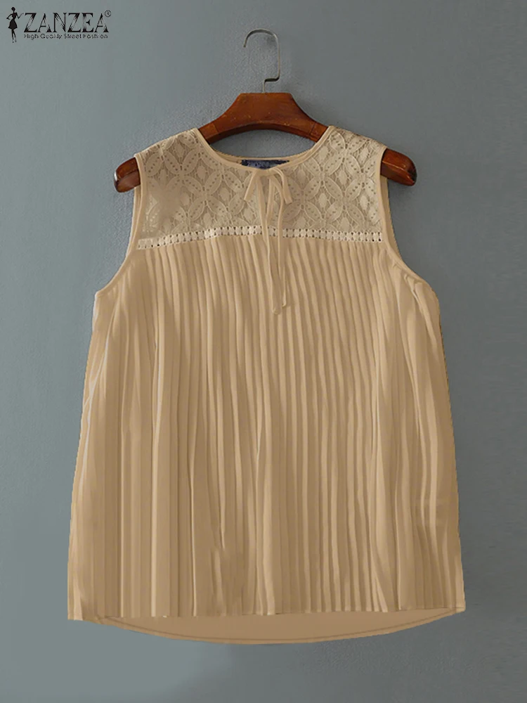 ZANZEA 2025 Summer Camis Women Stylish Holiday Tanks Tops Sleeveless Lace Patchwork Blouse Solid Pleated Work Shirt Mujer Femme