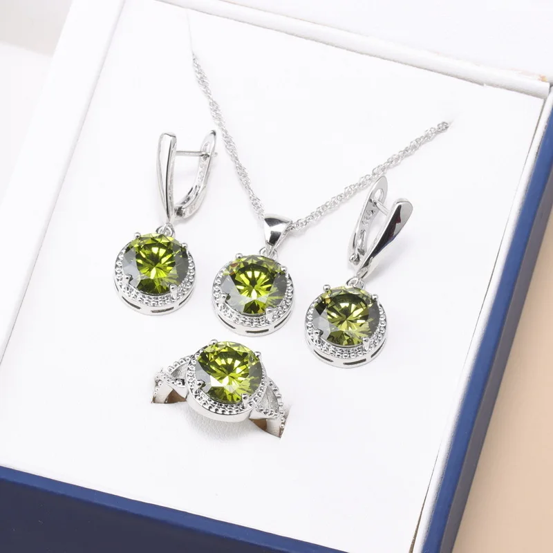 Elegant Women Wedding 925 Silver Bridal Jewelry Natural Crystal Earrings Necklace Pendant Open Ring 4-Piece Sets Gift