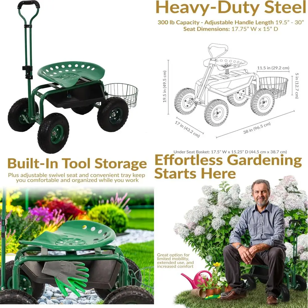 مقعد حديقة دوار بمقبض قابل للتمديد ودوران - مقعد بستنة خارجي محمول على عجلات - أخضر