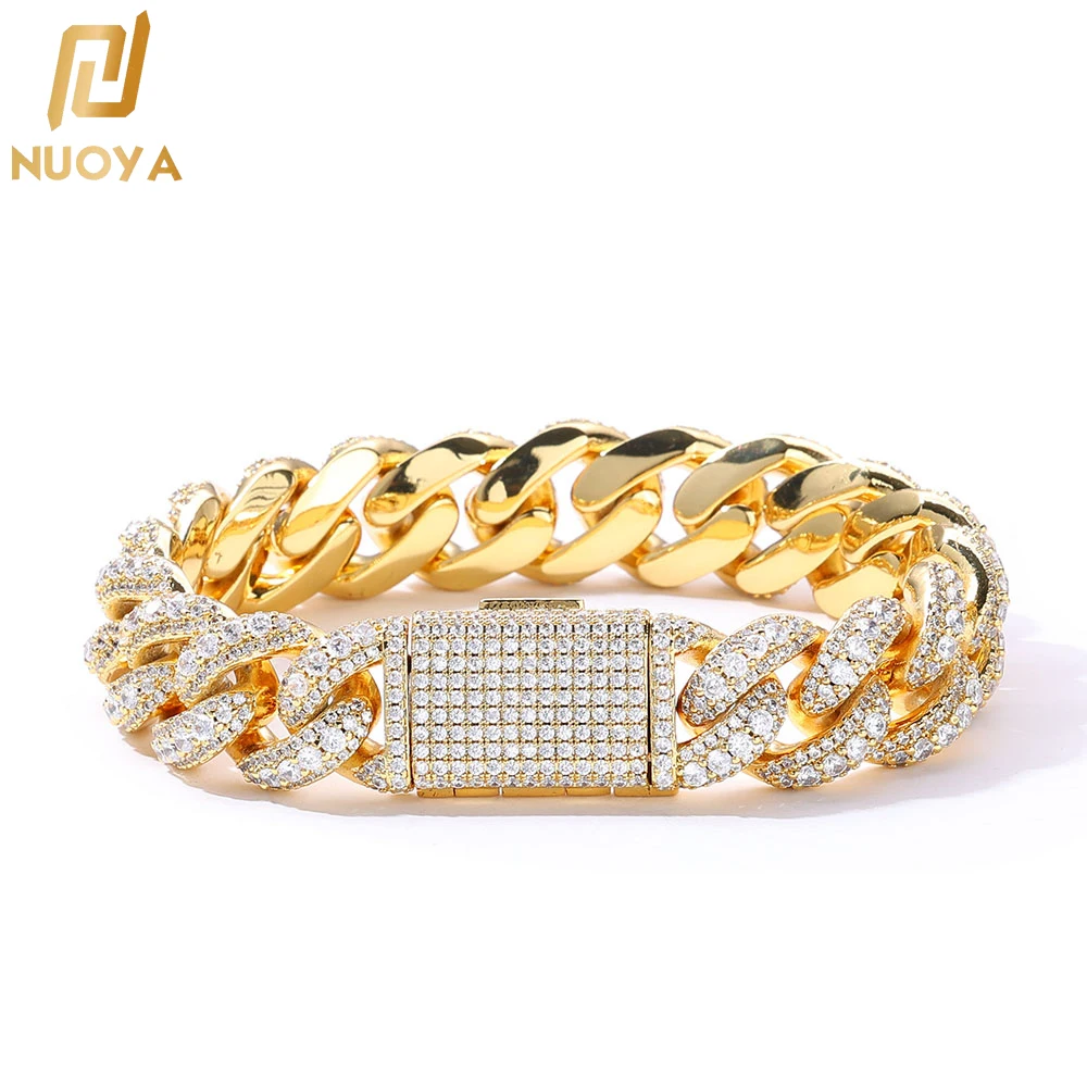 

NUOYA Hip Hop Bracelet 15mm Brass 5a Zircon Cuban Men and Women Bracelet 18k Gold Plated High end Jewelry