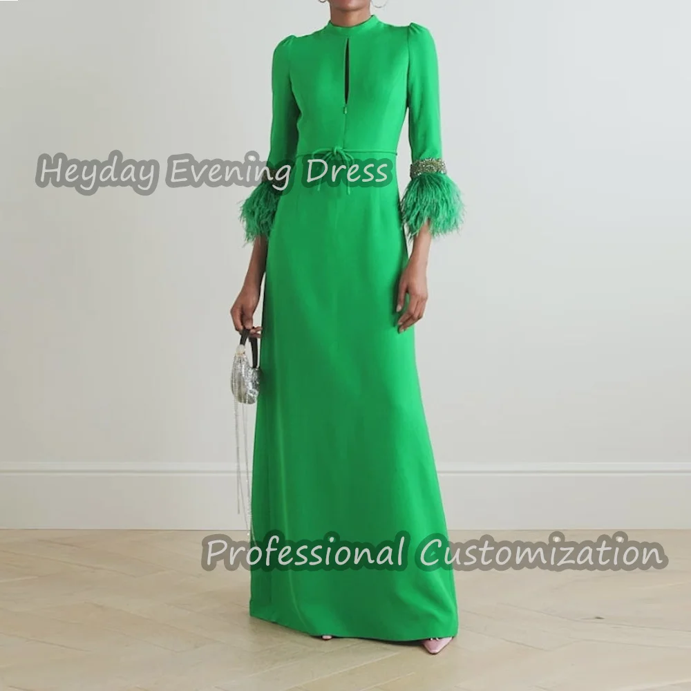 Heyday O-Neck Saudi Prom Gown Crepe Beaded Half Sleeves Sexy A-Line Floor Length Feathers Elegant Dress For luxurious Woman 2024