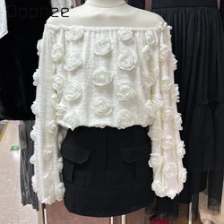 Elegant White Blouse 3d Floral Slash Neck Long Sleeve Pullover Solid Color Off Shoulder Korean Fashion 2024 Spring Autumn Black