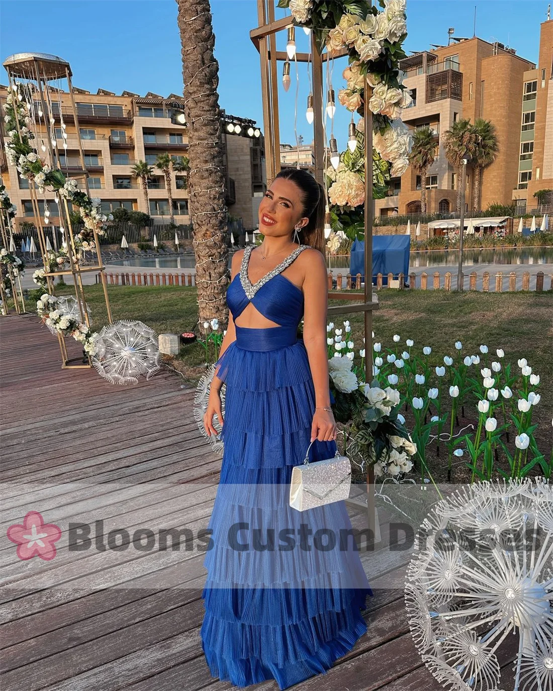 Blooms V-Neck Sleeveless Pleat Tiered Evening Dresses 2024 Floor-Length Blue Elegant Cut-out Formal Wedding Prom Dress