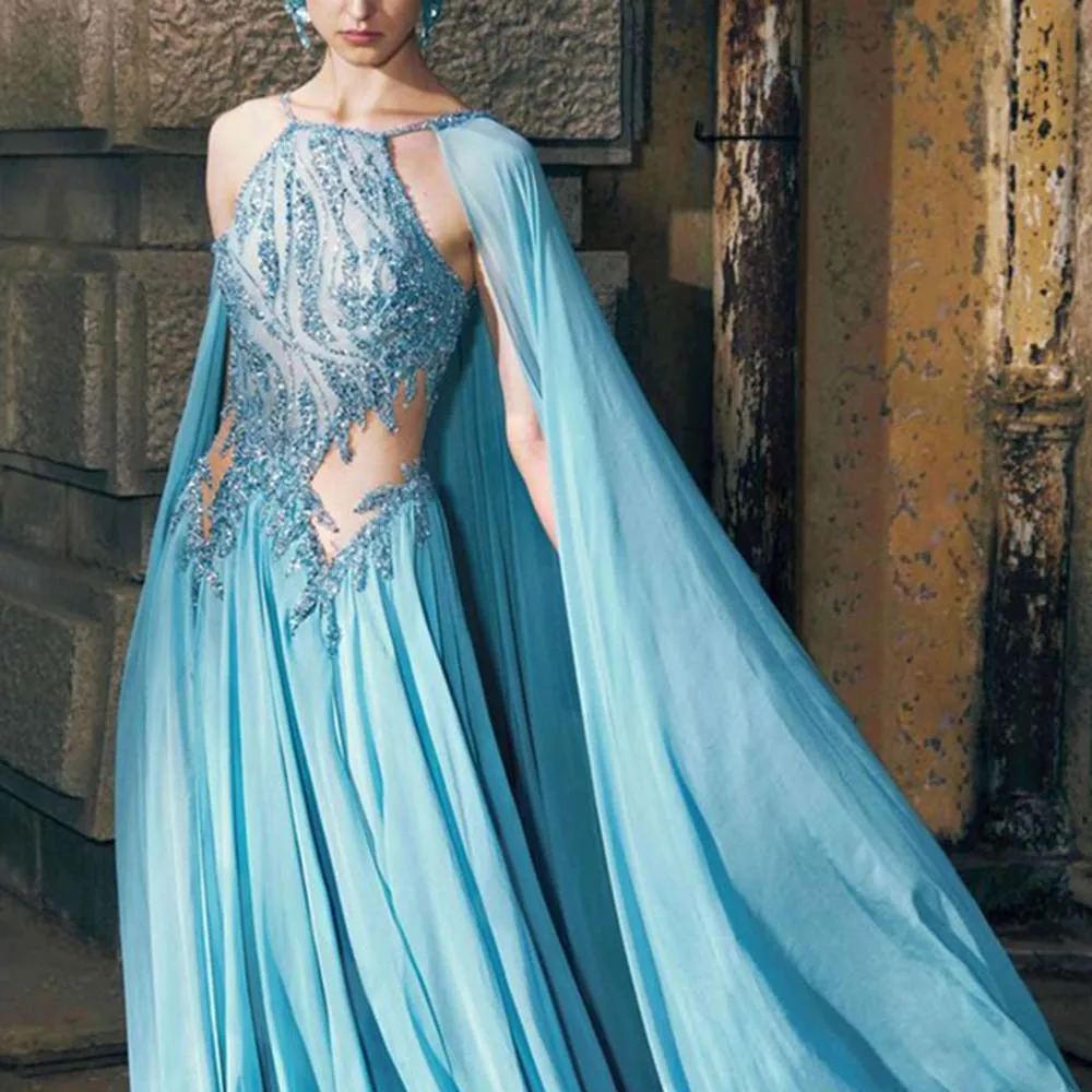 Elegant Blue Women Prom Dresses Strapless Floor Length A-line Cut out Cloak Sequined Fashion Evening Party Banquet Gowns