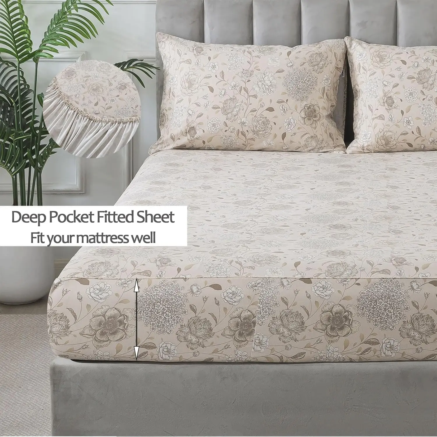 King Size 4-Piece Vintage Floral Bedding Set – Light Khaki, 100% Brushed Cotton, Hydrangea, Peony & Daisy Pattern