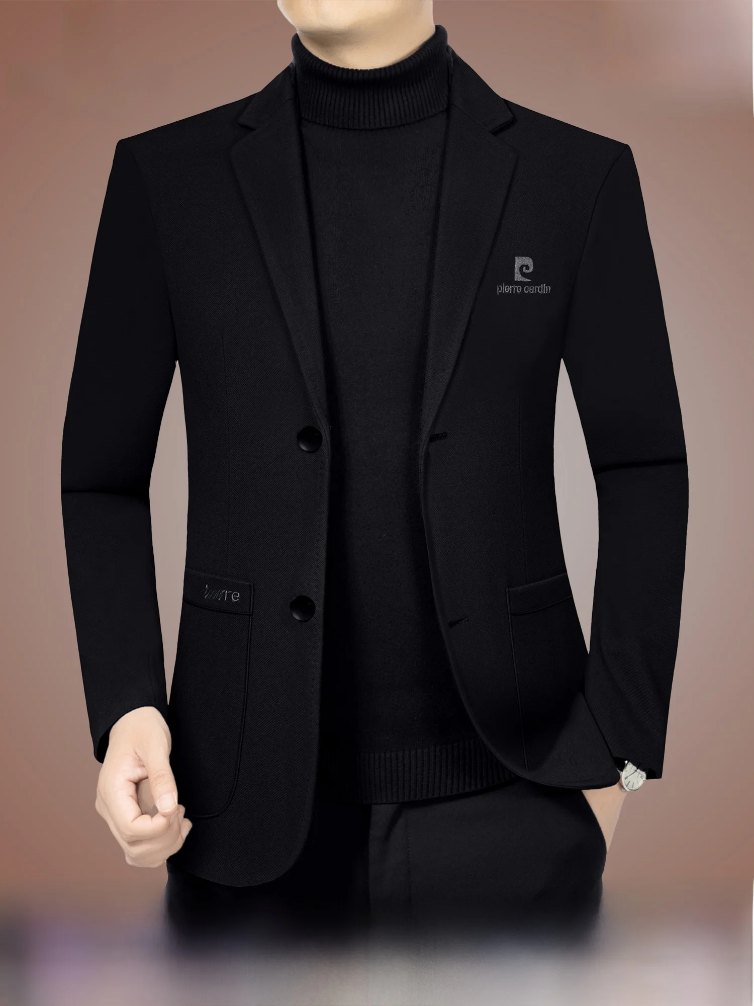 

Pierre Cardin Men's Casual Single-Breasted Suit Jaet Autumn Spring Middle-Aged Dad Busin Casual Long Sve Pure Color