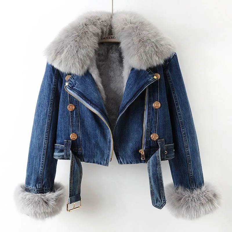 Winter Thickened Women\'s Jeans Jacket Fox Fur Collar Removable Casual Denim Jacket Coat Blue Women Clothing Short Racer Jacket