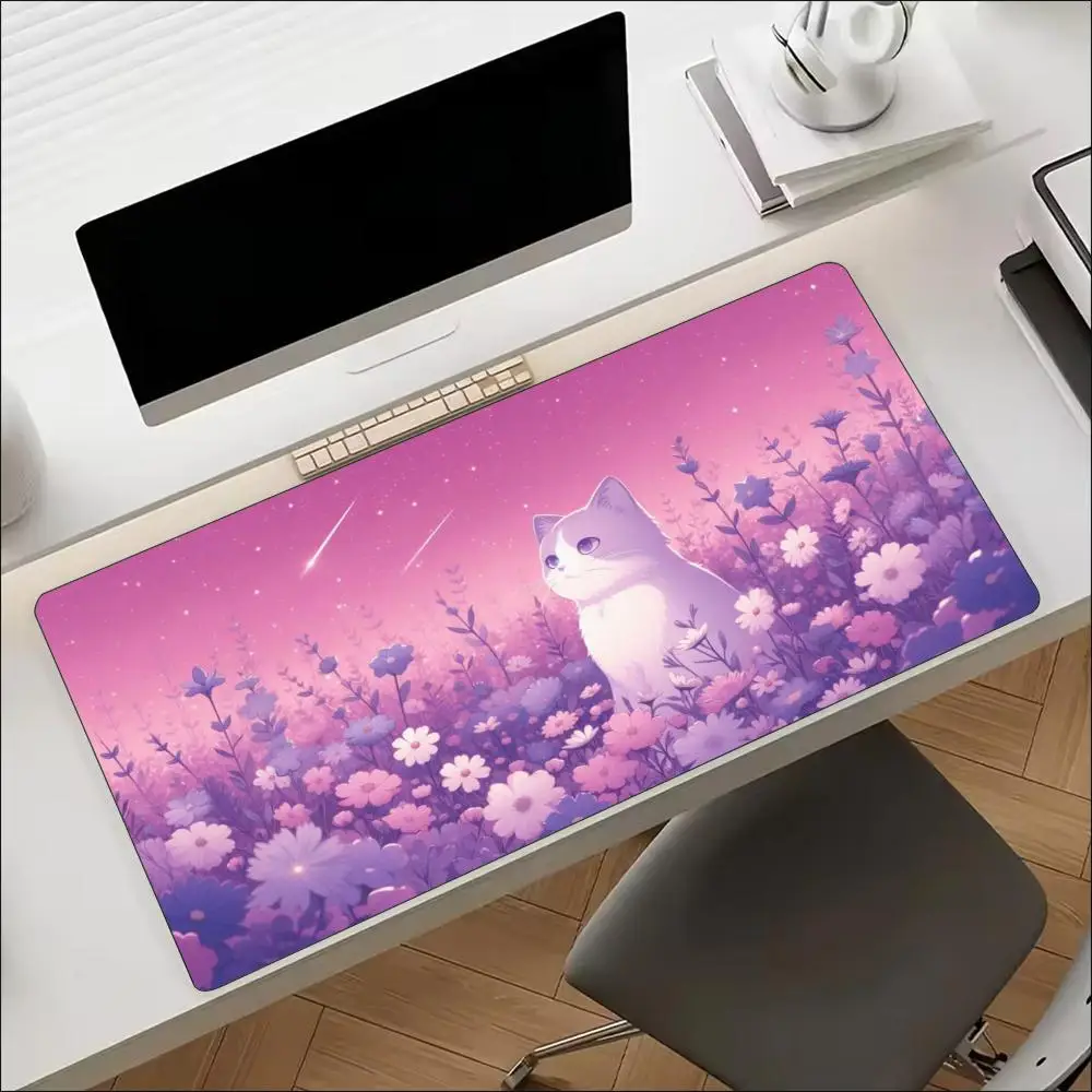 Garden Cat With Flowers Gaming Mouse Pad XXL Extended Keyboard Mat Non-Slip Rubber Bottom HD Print Lock Edge For Gaming Suite