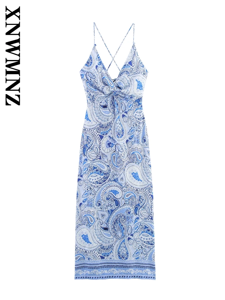 XNWMNZ Estate Donna Vacanza boho tracolla sottile Abito midi senza schienale Chic Moda femminile Spalla senza maniche Abiti sexy