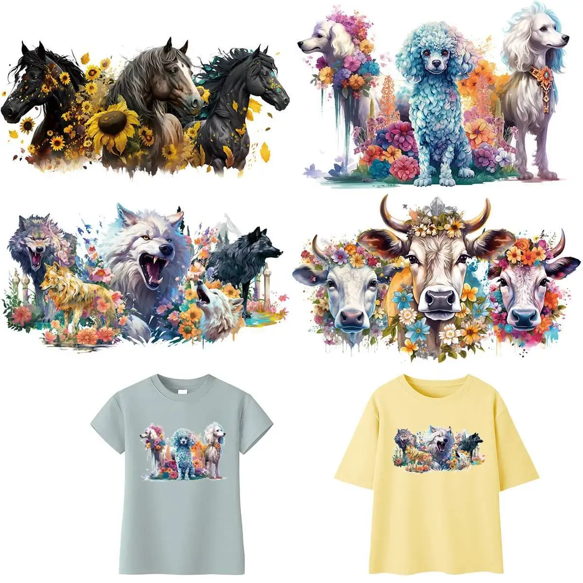 Thermal Press Clothes Stickers Wolfs Horses Flowers Print On T-Shirt Animal Design Diy Accessory Iron On Patch