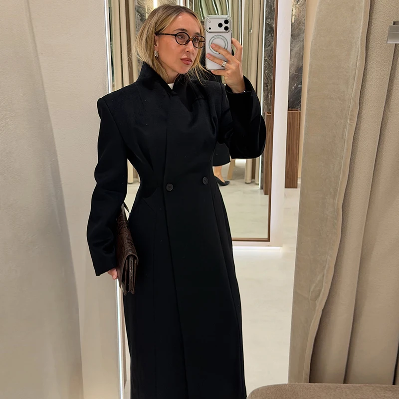 Women Wool Blend Hourglass Long Coat Stand Collar Fitted Waist Slim Fit Warm Maxi Jacket Elegant Casual Street Ladies Outerwear