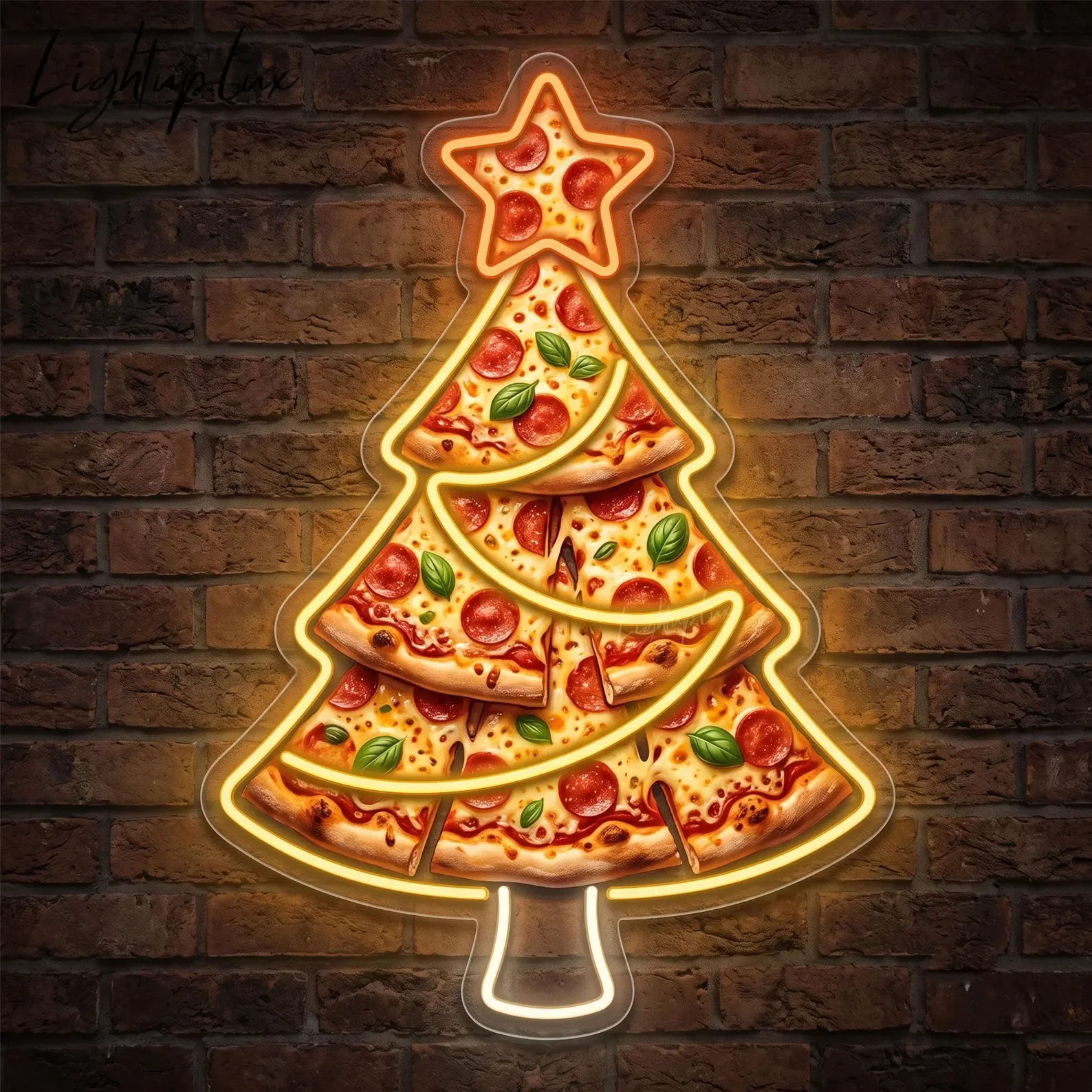 Pizza Christmas Tree LED Neon Sign,Funny Food Lover Wall Light,Glowing Pepperoni Holiday Decor,Xmas Kitchen Room Gift
