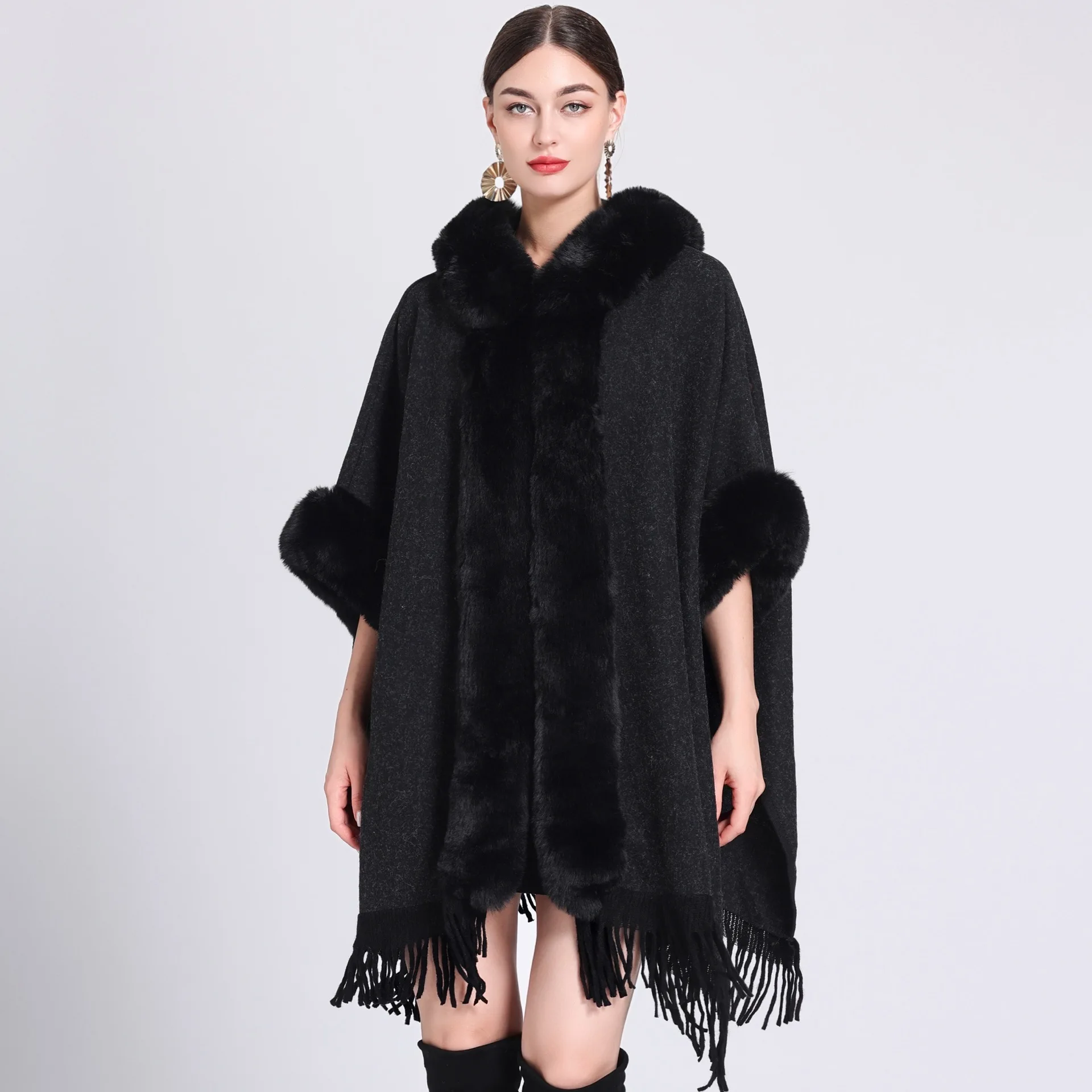 Women Cashmere Feel Hoodie Shawl Lady Rex Rabbit Faux Fur Collar Wrap Autumn Winter Plaid Cloak with Tassel Luxury Warm Overcoat