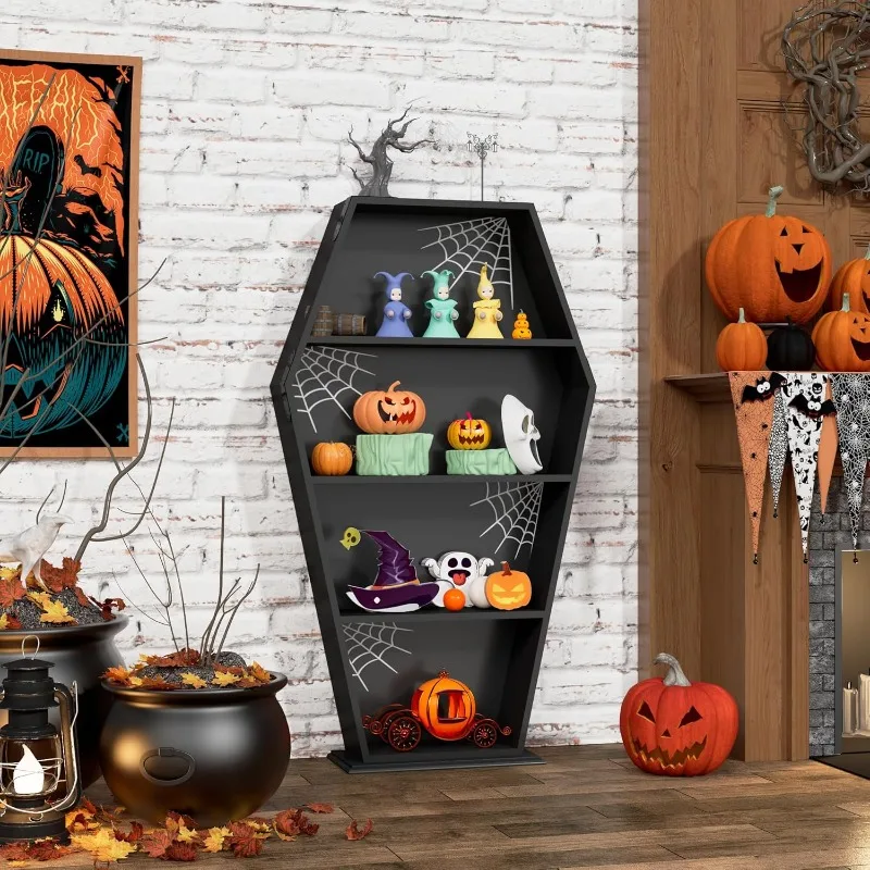 رف كتب نعش الهالوين القوطي 48 بوصة ارتفاع - رف تابوت خشبي طويل القامة مع ديكور قوطي على شكل شبكة عنكبوت، رف تحف أسود مخيف للمنزل D #5