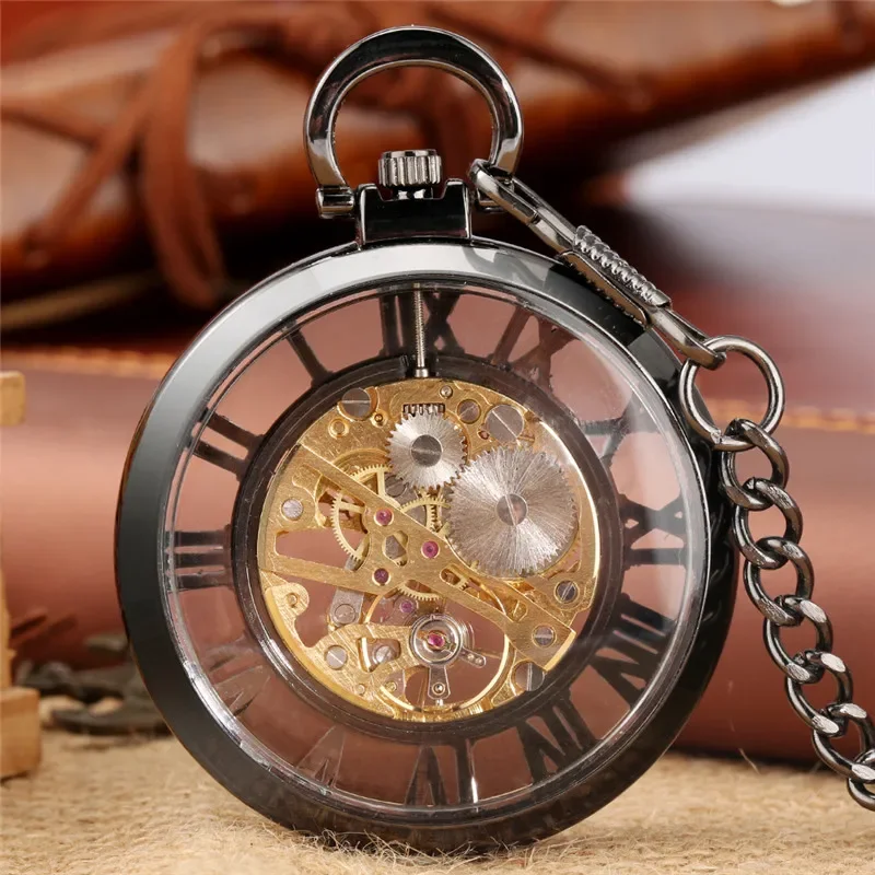 Luxo mão-vento mecânico números romanos steampunk relógio de bolso transparente rosto aberto corrente preta masculino feminino presente legal