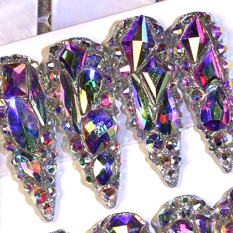 Customized Handmade Luxury Bling Rhinestone False Nails Tip Glittery Full Cover Long Stiletto Coffin Acrylic Fake Nail With Glue