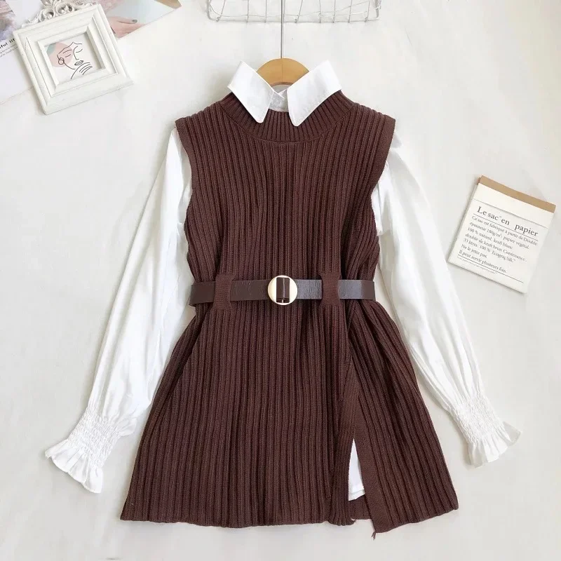 Knit Sweaters Blouse Set Women Two Piece Suit Full Spring Shirt Knitted Vest Korean Belt Elegant Tops White Lace Up Autumn Y2k