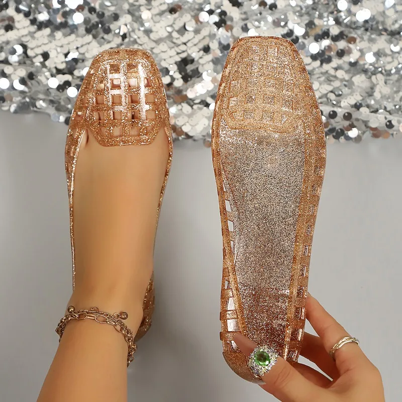 Women Summer Crystal Jelly Square-Toe Slip-On Sandals Breathable Outdoor Beach Mules Soft Lazy Shoes Everyday Casual sandals