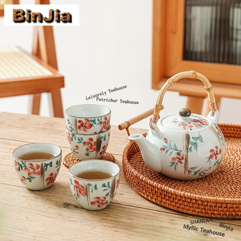 Hand-painted Simple Autumn Bamboo High-handled Tea Set Complete Set Luxury Tea Ceremony Set Teapot And Tea Cup Set Drinkware