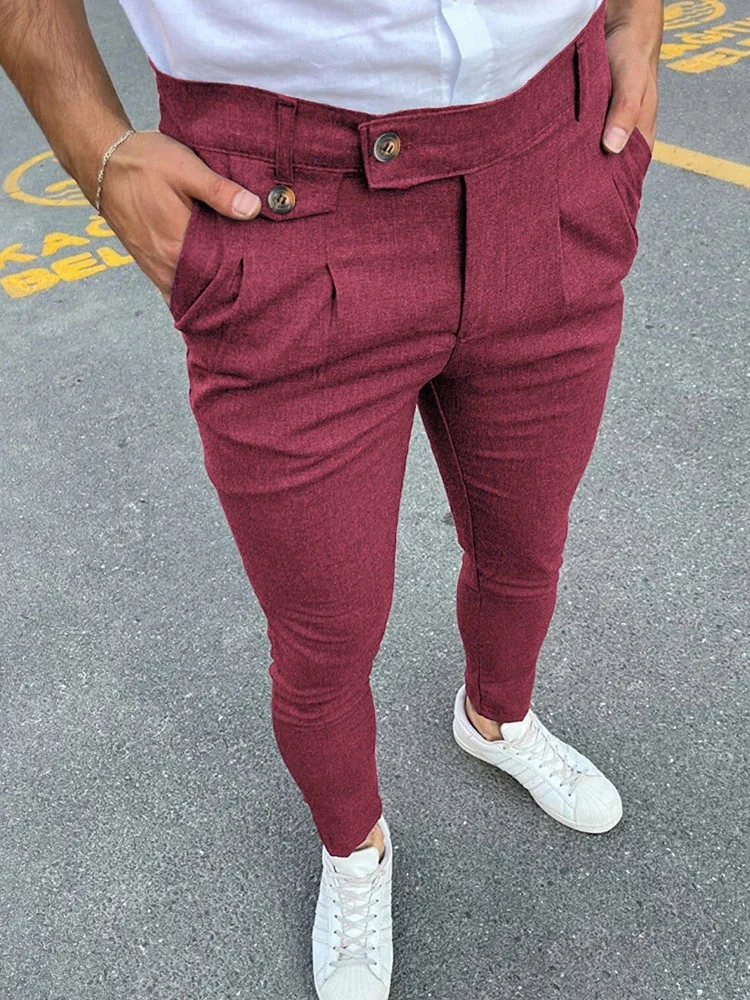 2024 Spring Summer New Casual Suit Trousers Men Vintage Solid Color Slim Pencil Pants Fashion Button Waist Design Mens Trousers