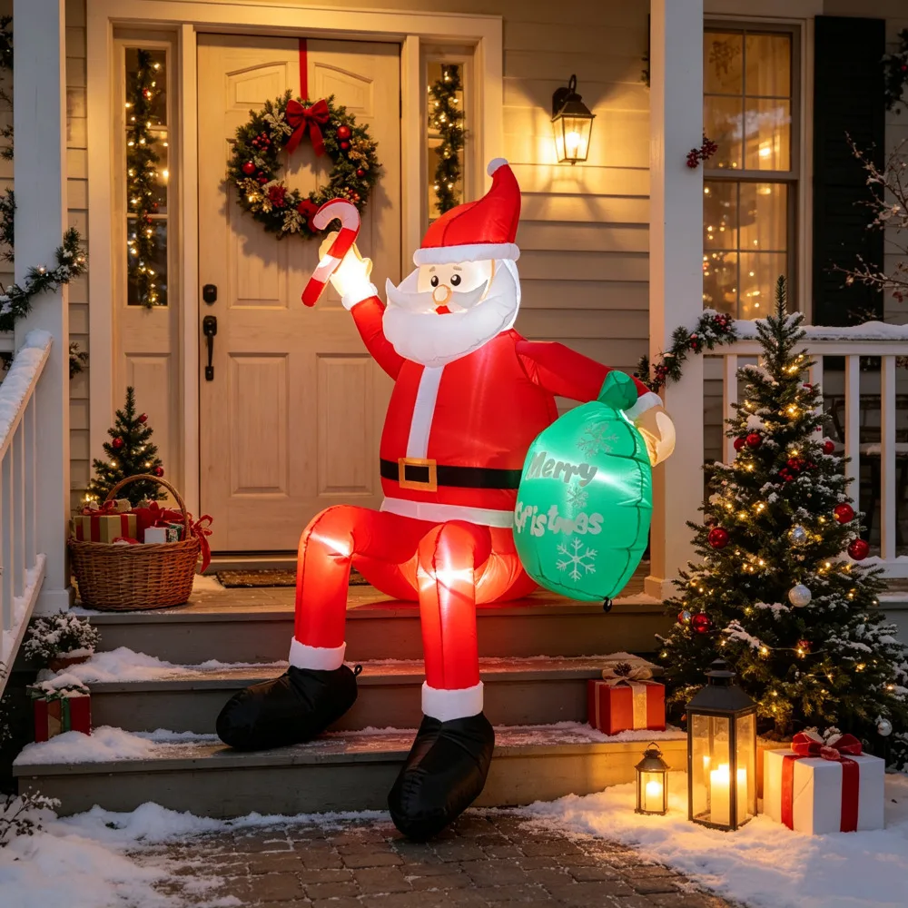 1.8M Christmas Inflatable Sitting Santa Claus Built‑in LED Light for Roof Yard Garden Indoor Outdoor Xmas Holiday Decoration
