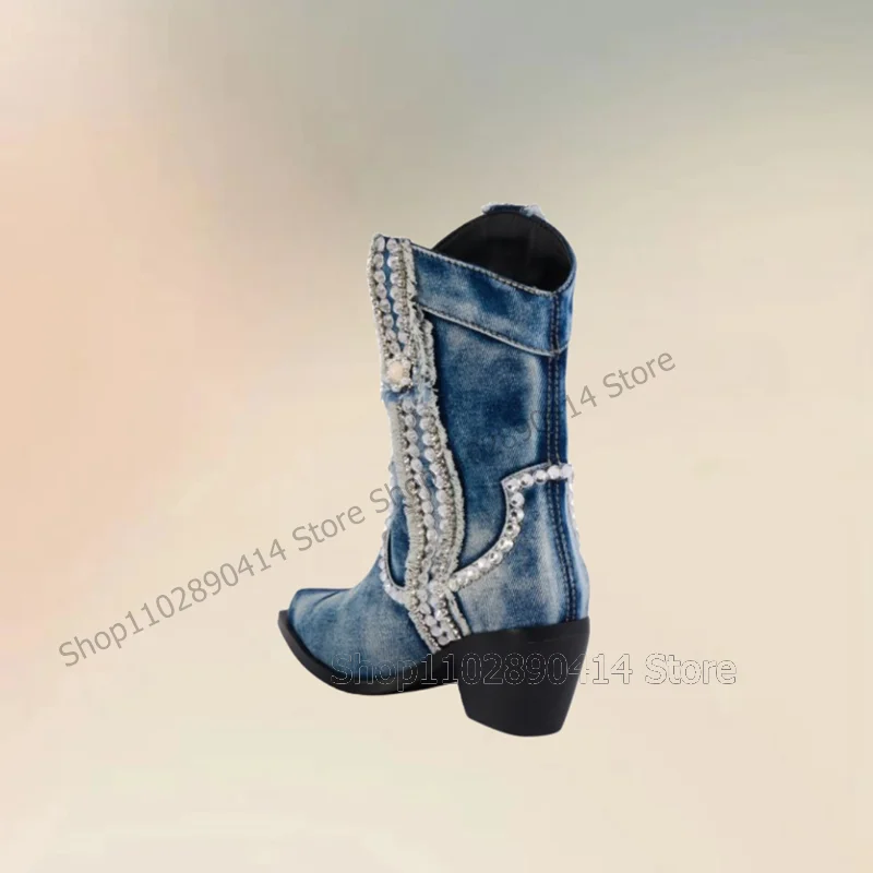 Bottes à talons hauts épais en denim bleu pour femmes, décor en biscuits, style rétro, chaussures à enfiler, Parker pointu, fête, 2024