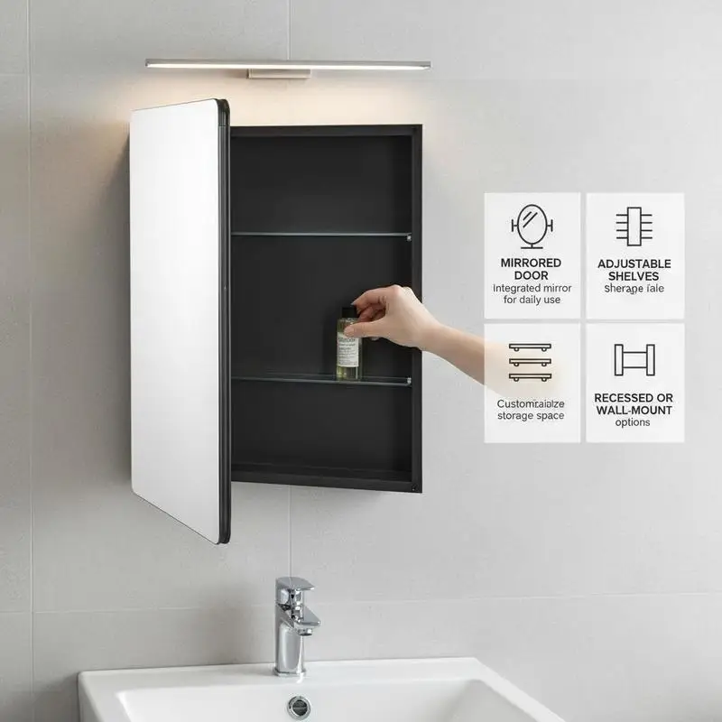 Mirrored medicine cabinet (662 x 135 x 762 mm) for bathrooms with mirrored door and adjustable glass shelves, built-in and wall mounting, aluminum frame, bathroom cabinet view 4