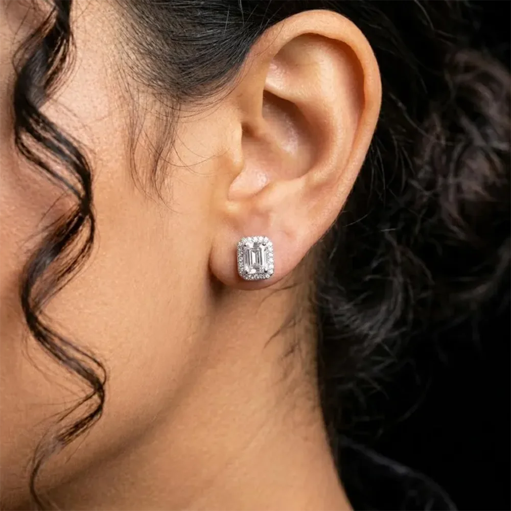 Minimalist 925 Sterling Silver Emerald Cut VVS Moissanite Earrings 0.4/1 Carat for Women Girl Halo Wedding Earring Accessories
