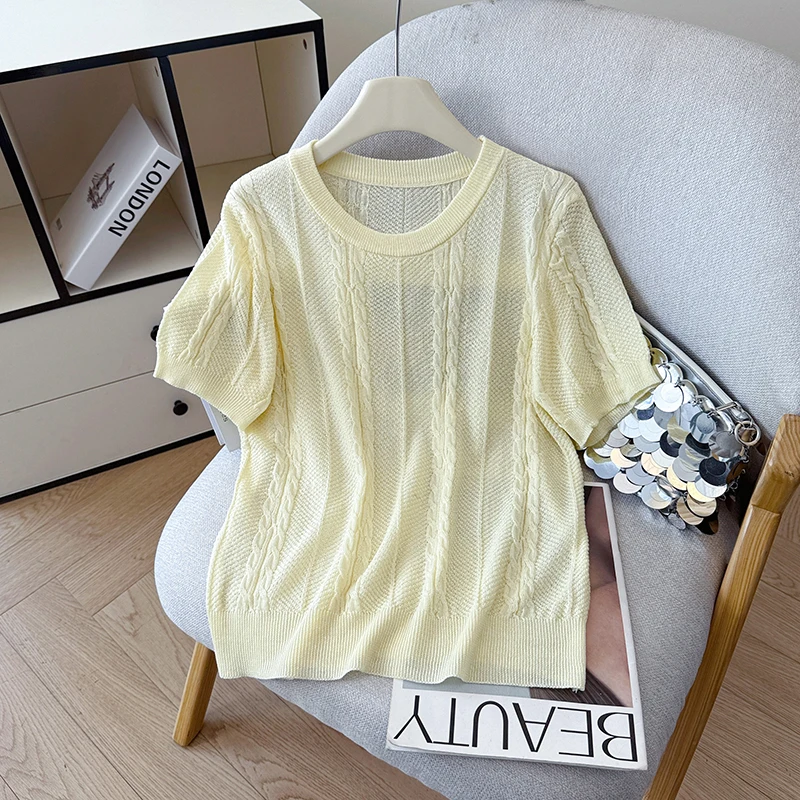 Ice Silk Knitted Short Sleeve T-Shirt Women's Summer Fashion Brand Resale Tag Removed Twist Design Linen Blend round Neck Top