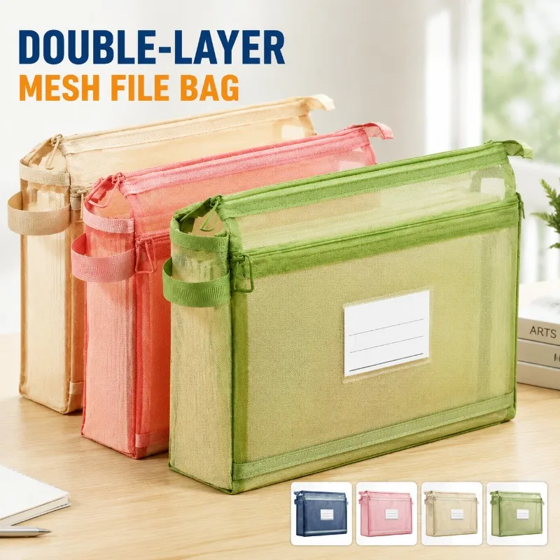 Simple Thickened Mesh Double Layer Subject File Bag Large Capacity Homework Pouch for Junior and Senior High School Students