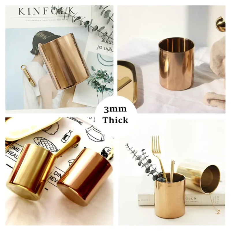 Pencil Cup Holder Pen Pot Makeup Brushes Holder Desk Stationery Organizer Stainless Steel (Gold)