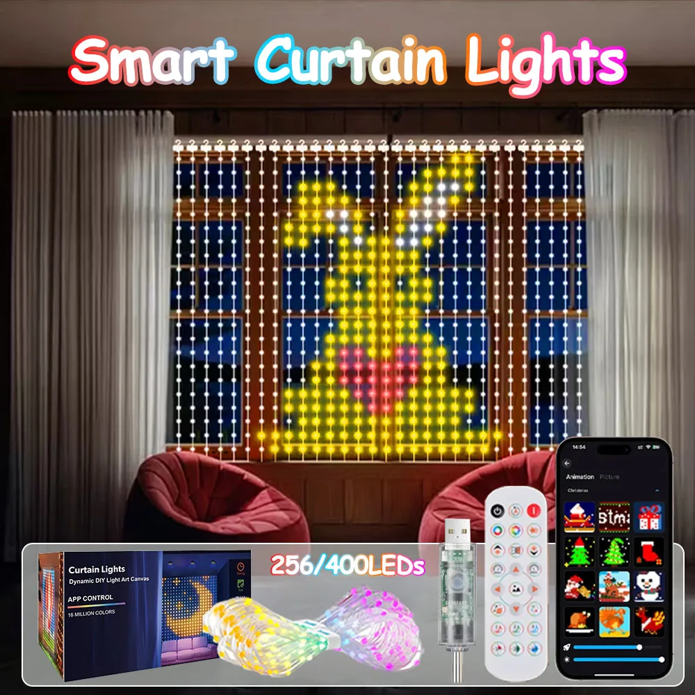2x2m 400LED 스마트 커튼 조명, DIY 패턴, WiFi 창문 요정 조명, 크리스마스 선물 홈 데코, 야외 스트링 조명
