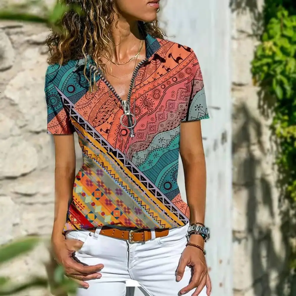 Women Shirt Ethnic Print Zipper Summer All Match Slim-fitting T-shirt Blouse Elegant Vintage Pattern Lady Shirt for Travel