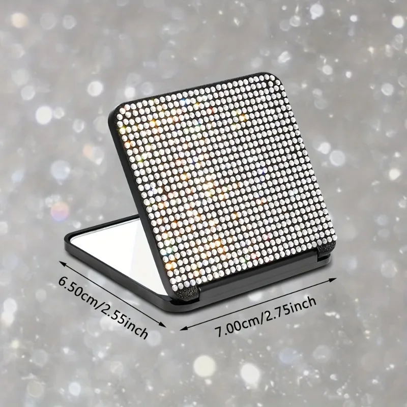 1PC Glitter Rhinestone Foldable Makeup Mirror, Double Sided Square Compact Mirror for Handbags