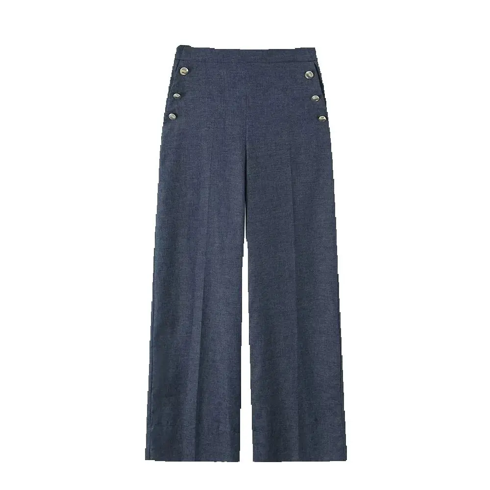 Pantalon polyvalent en lin pour femmes, nouveau produit d'automne, décoration de poche à boutons, taille haute, jambes larges, pantalons décontractés