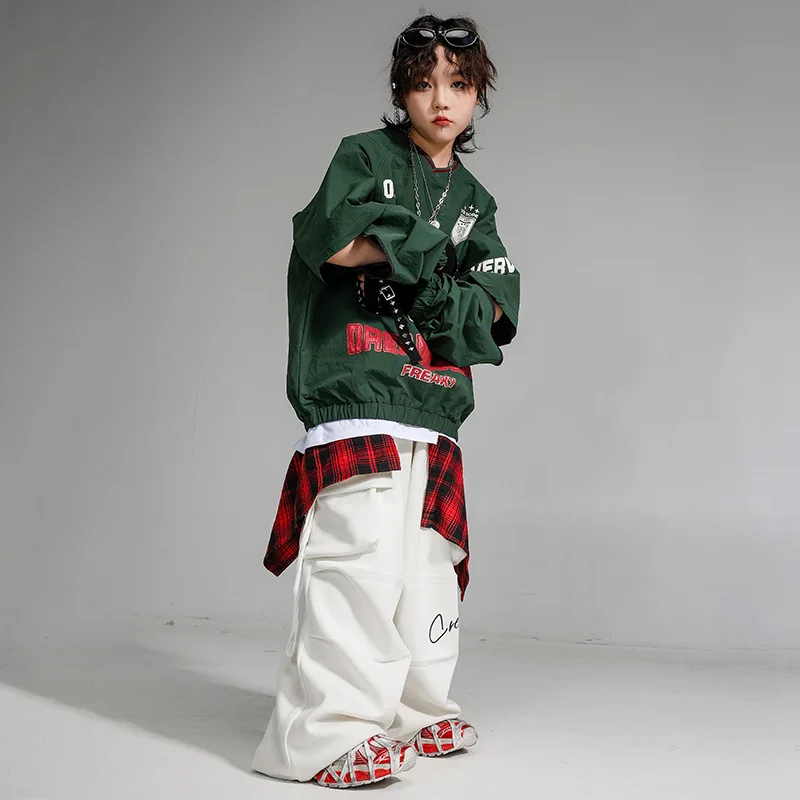 Kinder-Hip-Hop-Kleidung, grün, V-Ausschnitt, elastischer Saum, Sweatshirt, weiß, lässig, breite Cargohose für Mädchen, Jungen, Jazz-Tanzkostüme, Kleidung