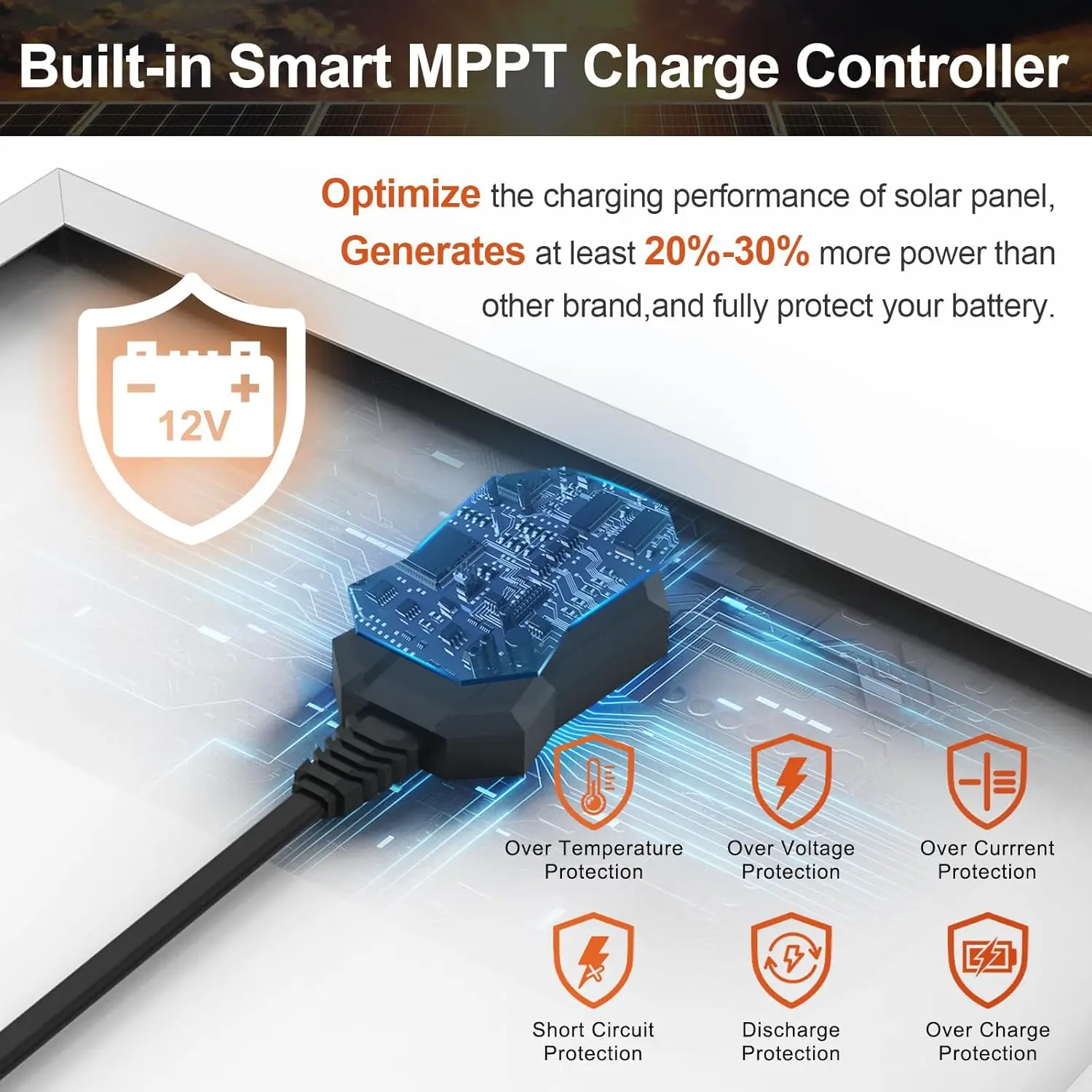 12VSolar Battery Charger Maintainer, Built-in SmartMPPTCharge Controller, Waterproof 30 Watt Solar Panel Kits for Car Automotive