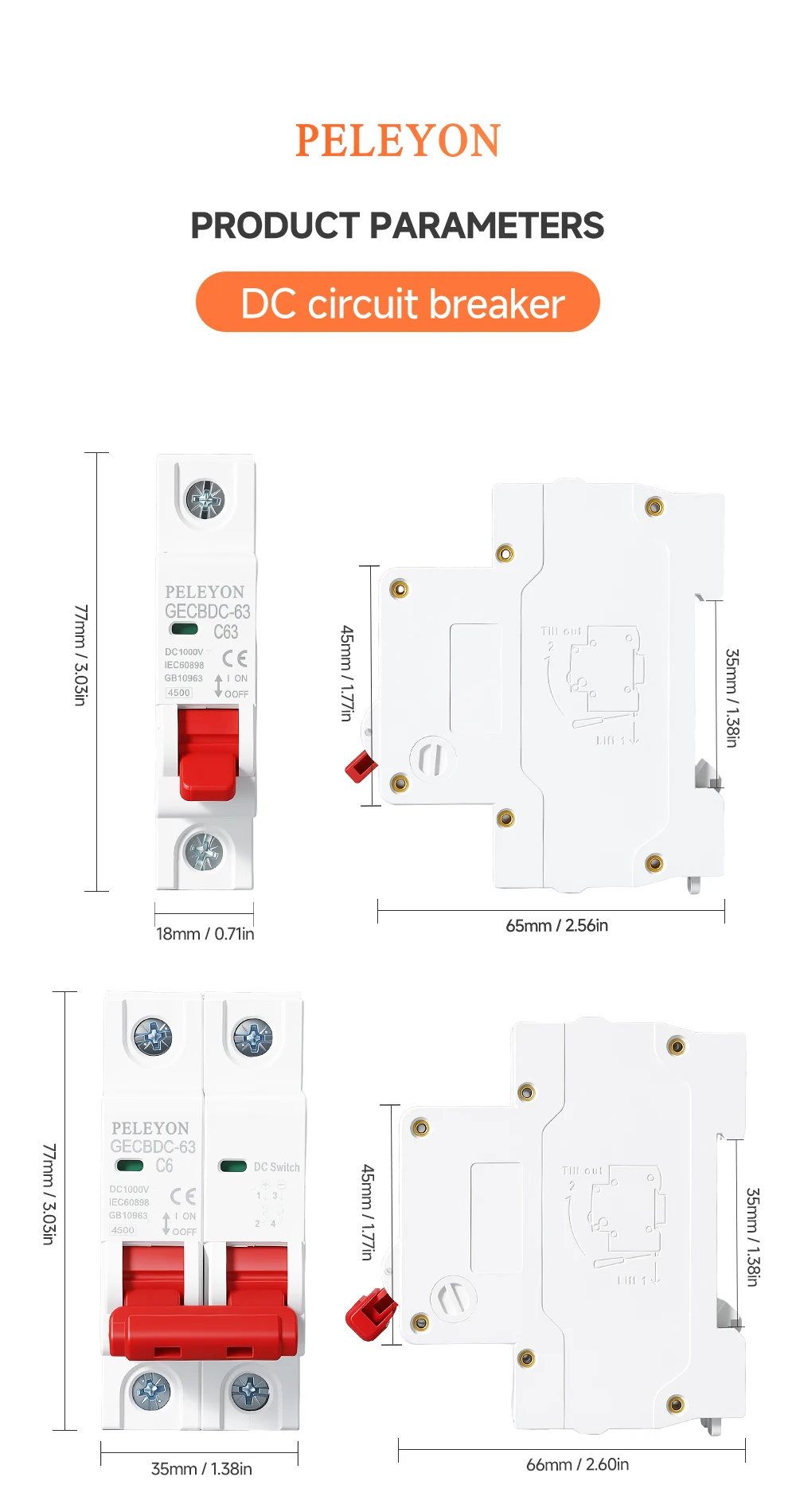 DC 1000V 1P 2P MCB Solar-Miniatur-Leistungsschalter Überlastschutzschalter 6/10/15/20/25/40/50/63A/80/100A DC1000V Photovoltaik-PV – Detail 8