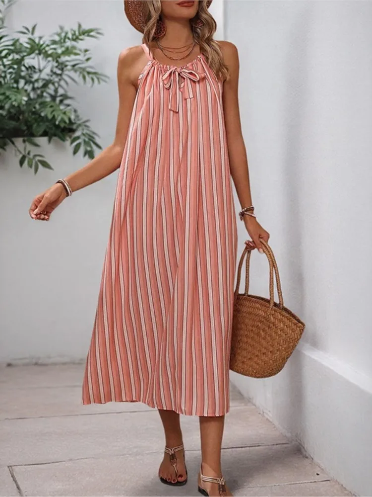 

Dresses For Woman Sweet Elegant Suspender Bow Striped Loose Dress Contrast Beachwear Temperament Vestidos Leace-up Simple Style