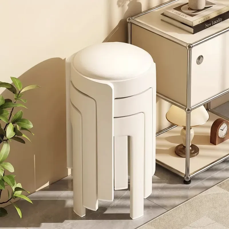 Round PU Leather Stool Stackable Plastic Ottoman Durable Soft Seat for Living Room Modern Home Furniture