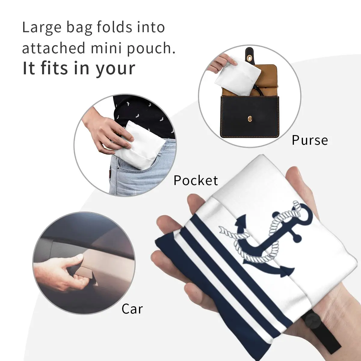 Printed Nautical Blue Anchors With Blue And White Stripes Tote Shopping Bag Portable Shoulder Shopper Sailing Sailor Handbag