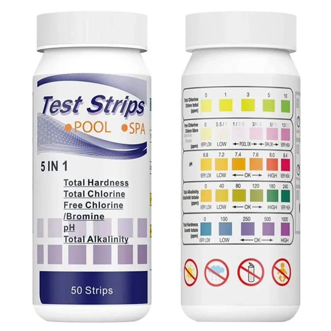 5 in 1  PH Test Strips Multipurpose  SPA Swimming Pool Water Tester Paper Hardness Tool  Bottled 50pcs