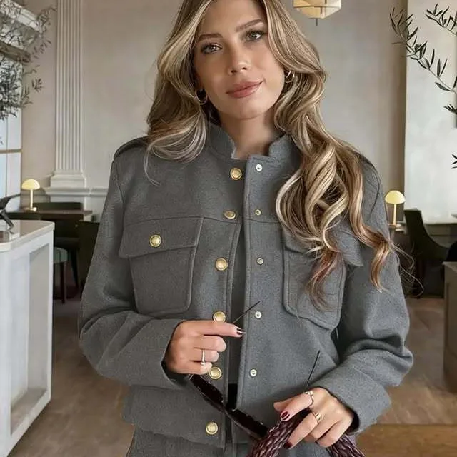 

Women's Pilot Jacket Autumn Winter Fashion Versatile Stand Collar Solid Color Outwear Pockets Single-Breasted Commuter Wool Coat
