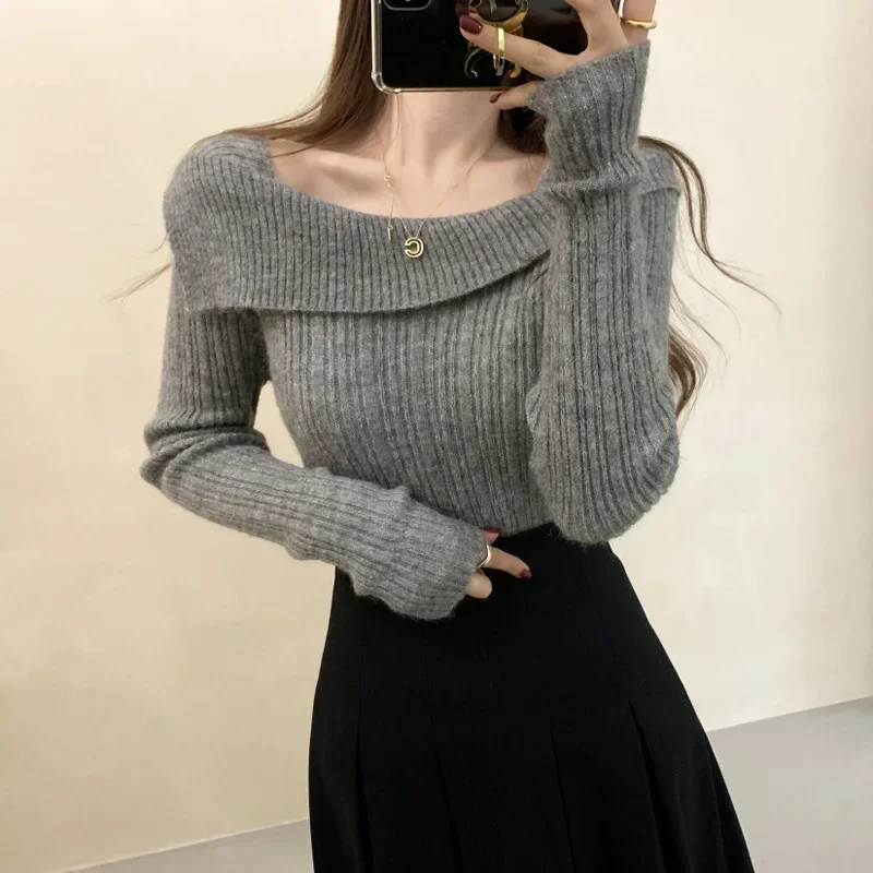 Design Sense Niche Thickened Off Shoulder Bottom Shirt Women's Autumn Winter High End One Shoulder Sweater Inner Knitted Top