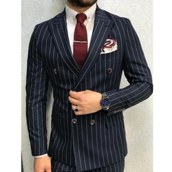 Hot Selling Men Suits Navy Blue Elegant Blazer Regular Length Peak Lapel Pinstripe 2 Pieces Jacket Pants Business Outfits Set