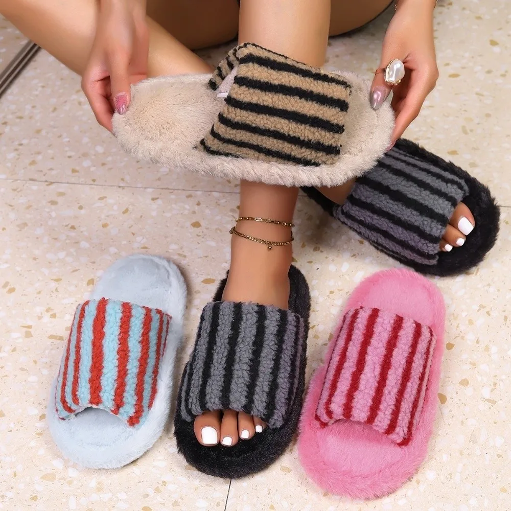 Striped Women's Slide Slippers Soft Sole Anti Slip Open Toe Slippers EVA Outsole Flannel Lining Indoor Home Slippers